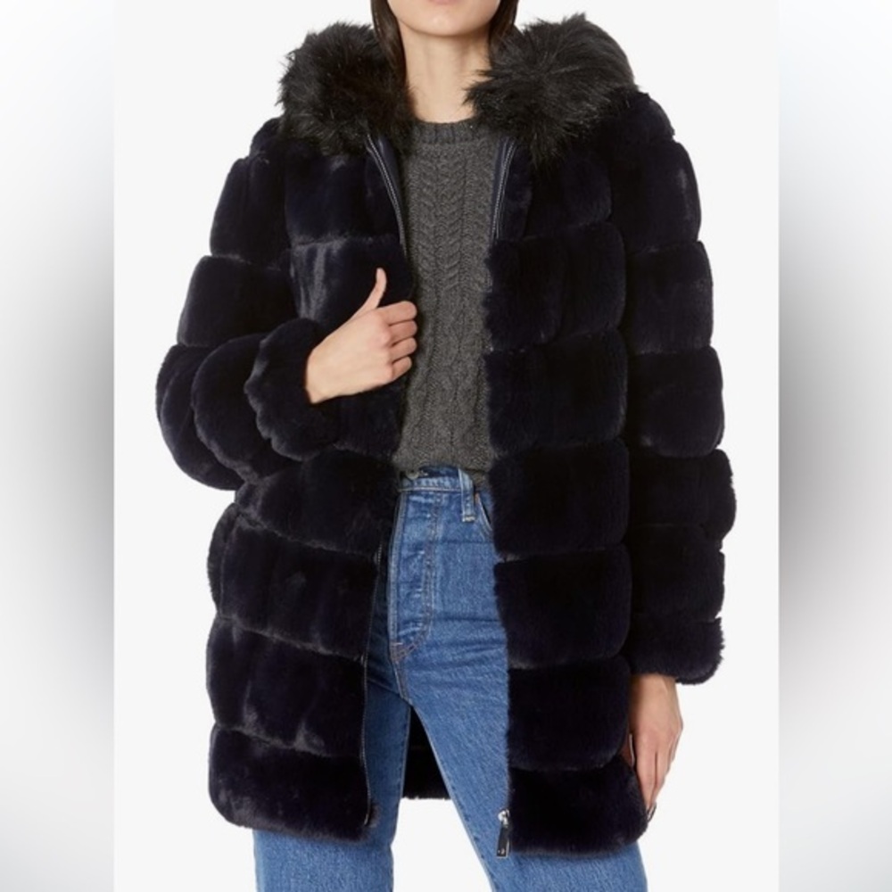 Calvin Klein Faux Fur Plush Dark Navy Hooded Zip Front Jacket NWT Sz Sm Ret $400